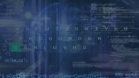 Animation of letters, binary codes over computer language against server room in background