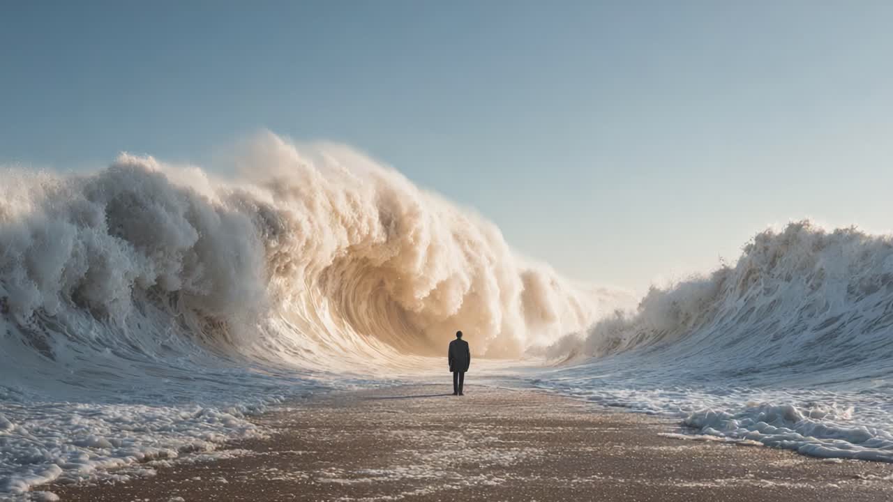 A lone figure stands before a towering wave, epitomizing the awe and power of nature as crashing waves create a dramatic scene of oceanic force and serenity
