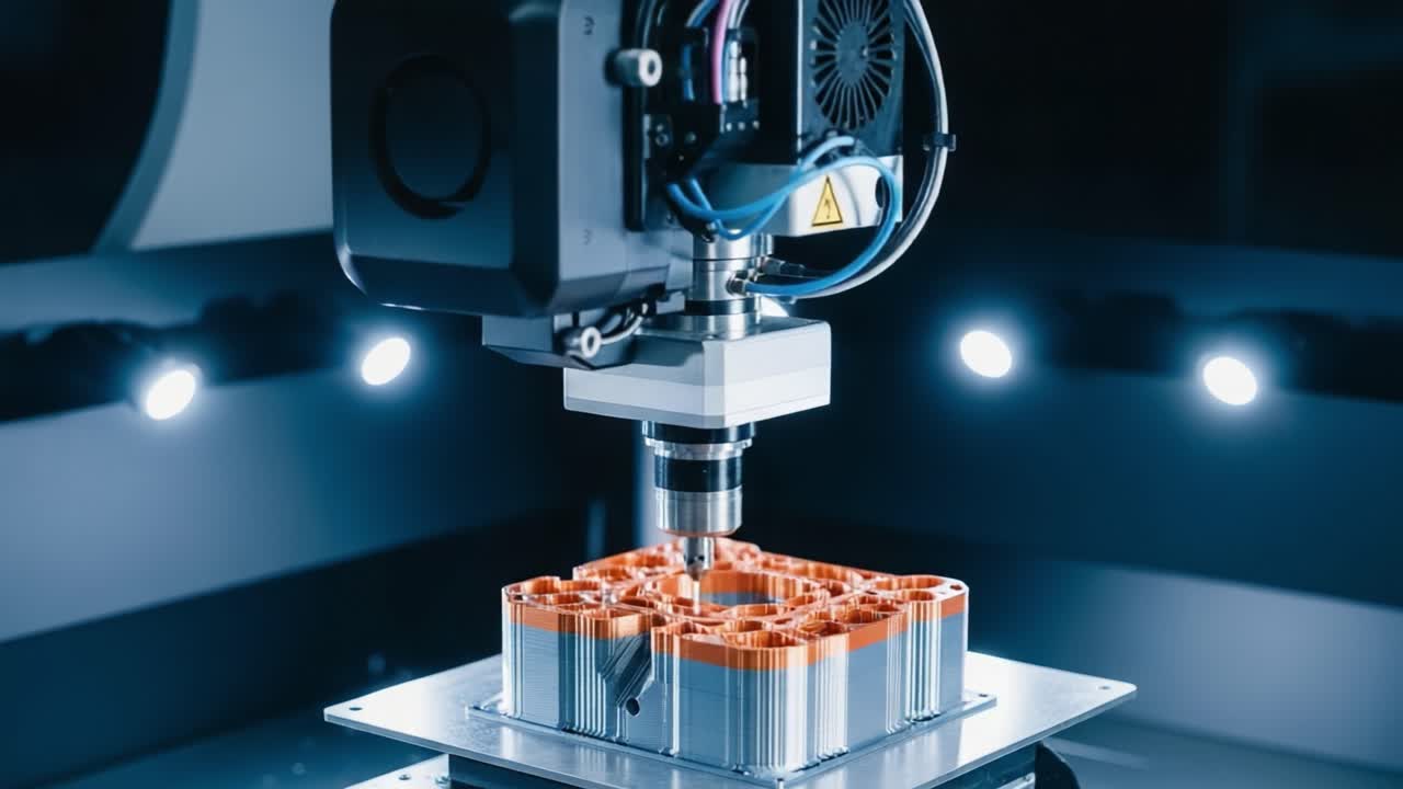 Advanced Precision Machining: A High-Tech CNC Machine Executing Intricate Milling on a Custom-Designed Metal Component Under Studio Lighting