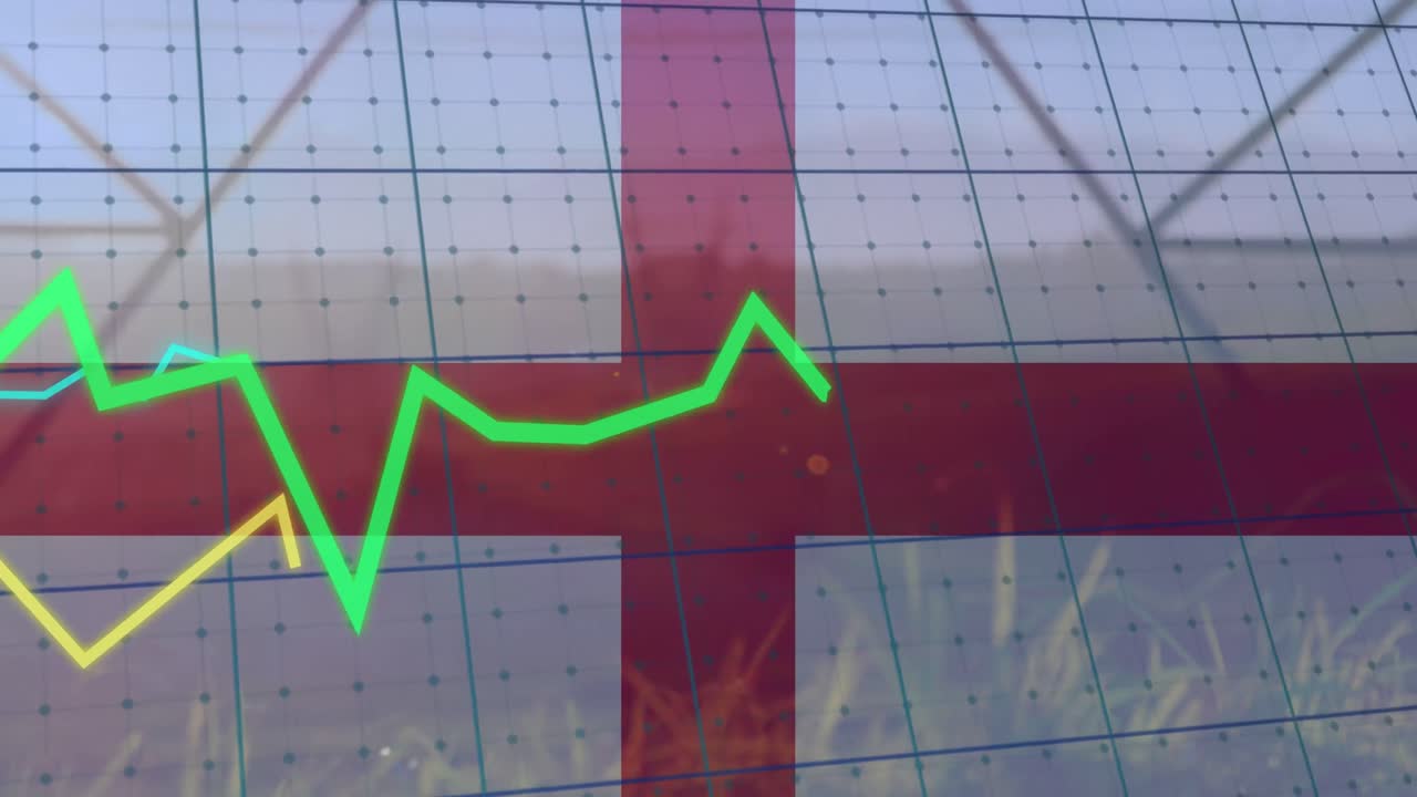 animación del procesamiento de datos financieros sobre la bandera de inglaterra