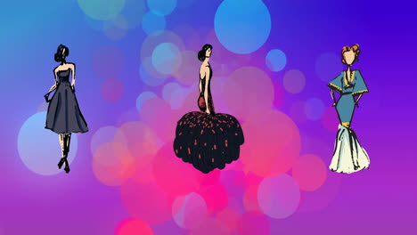 animación de dibujos de moda de vestidos de mujeres en puntos de luz azul y rosa