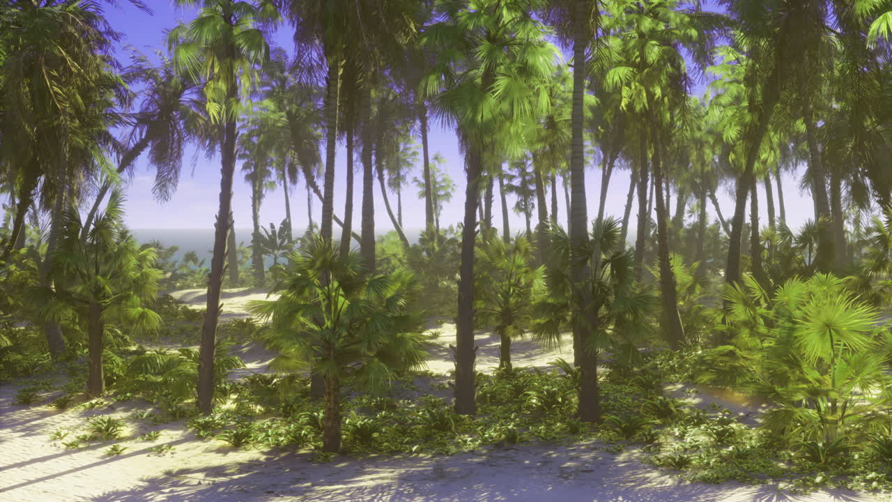 Tropical paradise with lush palm trees beside serene ocean shoreline