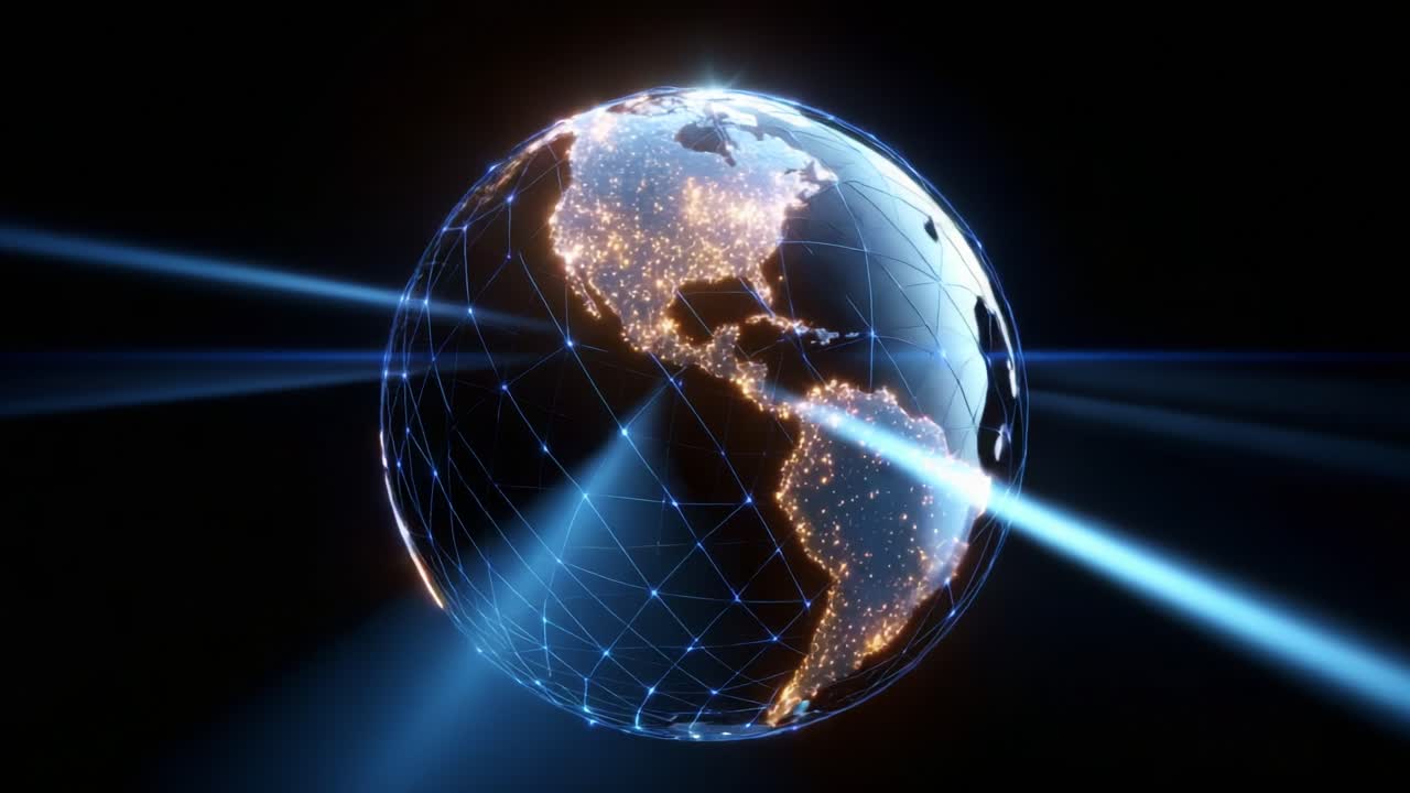 A Stunning Digital Visualization of Earth: This captivating imagery showcases the planet with vibrant, illuminated continents and intricate network patterns, highlighting the interconnected nature of our world in a striking display