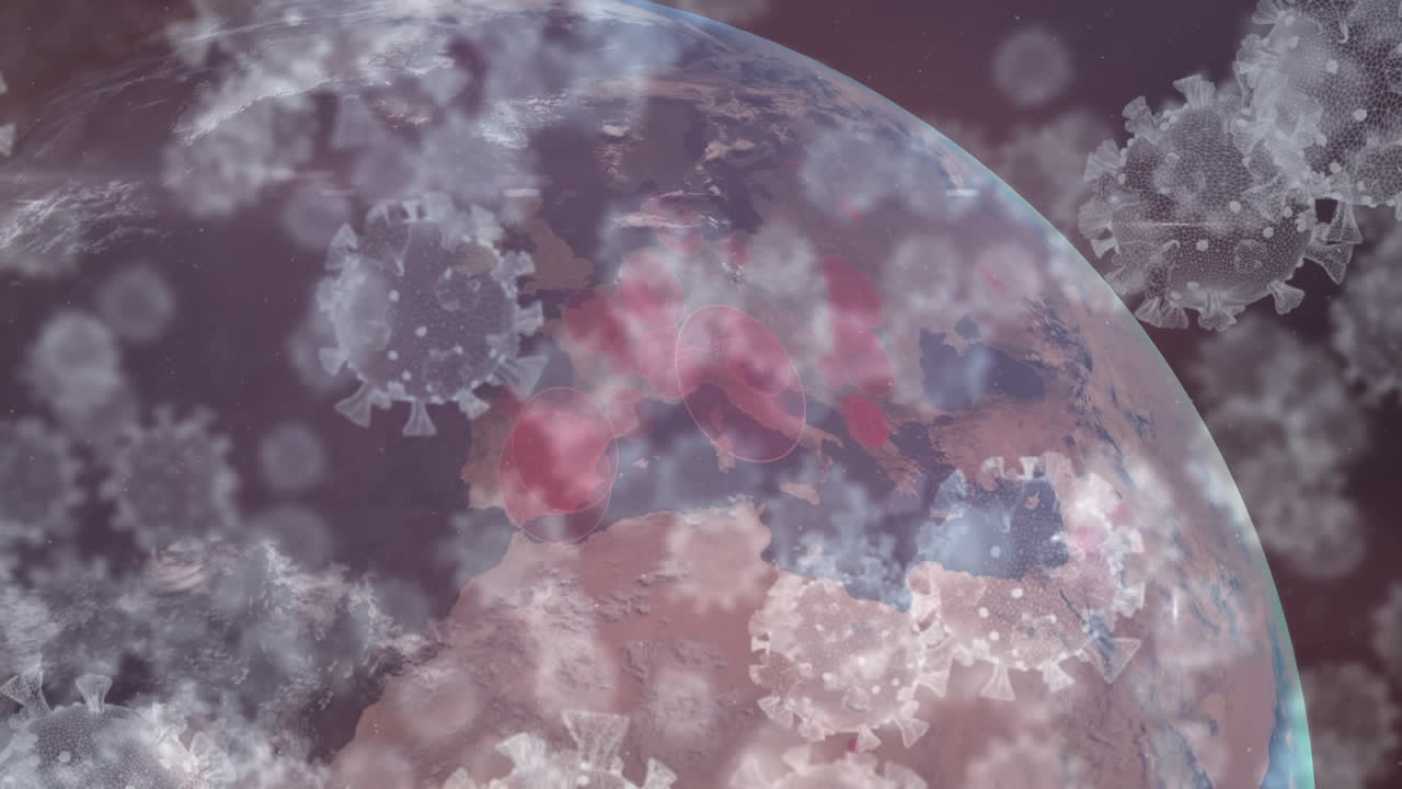 전 세계를 돌아다니는 거대한 코로나19 세포의 애니메이션