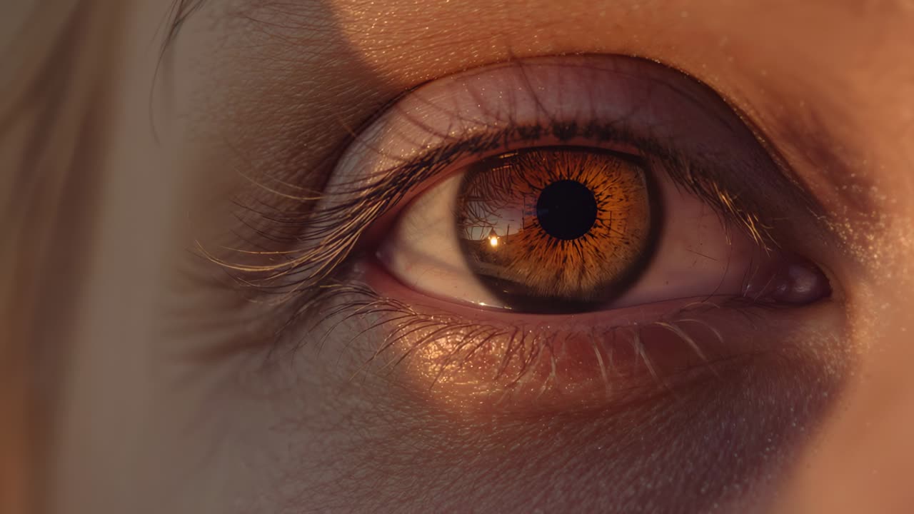 Opening woman's right eyelid in closeup, revealing iris, pupil adjusting after warm shadow