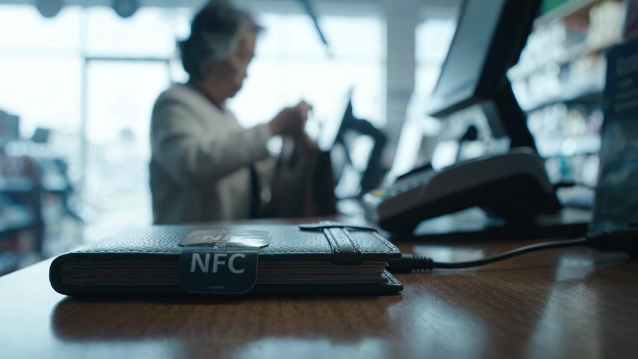 Eine Nahaufnahme eines Notizbuchs mit einem NFC-Tag auf einer Theke, während eine verschwommene Figur mit einem Kassensystem in einer Einzelhandelsumgebung interagiert