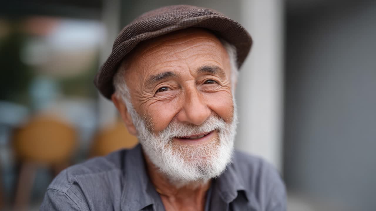 Ritratto toccante di un uomo anziano con un sorriso dolce, che cattura l'essenza della saggezza e dell'esperienza in un incantevole ambiente esterno.