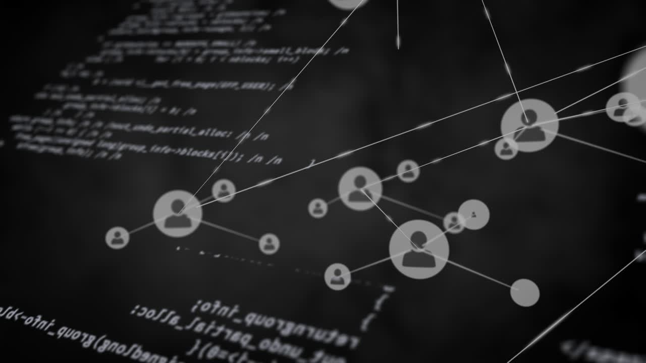 Animation of connected icons over computer language against illuminated abstract pattern