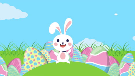 feliz tarjeta animada de pascua con conejo y huevos pintados en el campamento