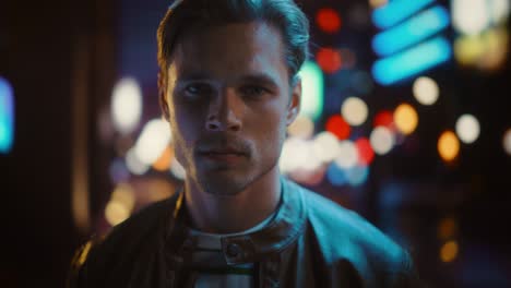 portrait of handsome serious man standing, turning and looking at camera with night city with bokeh neon street lights. focused confident intense young man. close-up shot with cinematic flares