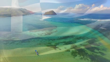 Digital-composition-of-waving-greece-flag-against-aerial-view-of-the-sea