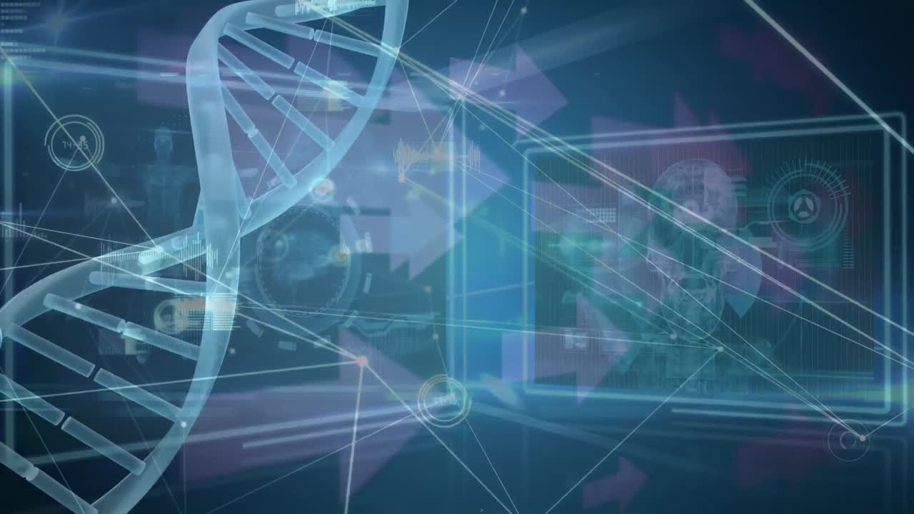 Animation of dna strand spinning over arrows, scientific data processing on blue background