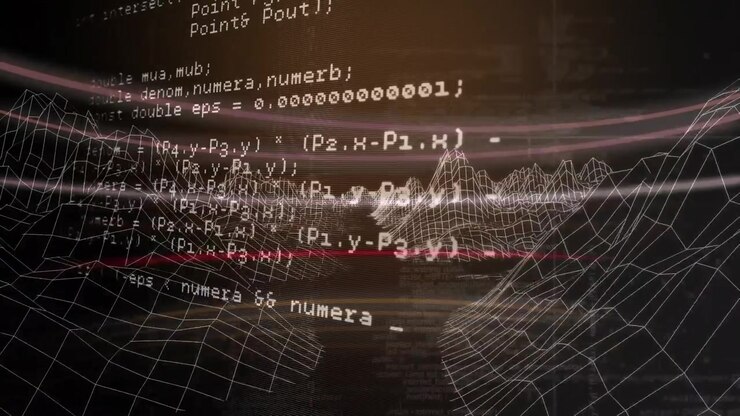 Animation of data processing over black background with metaverse