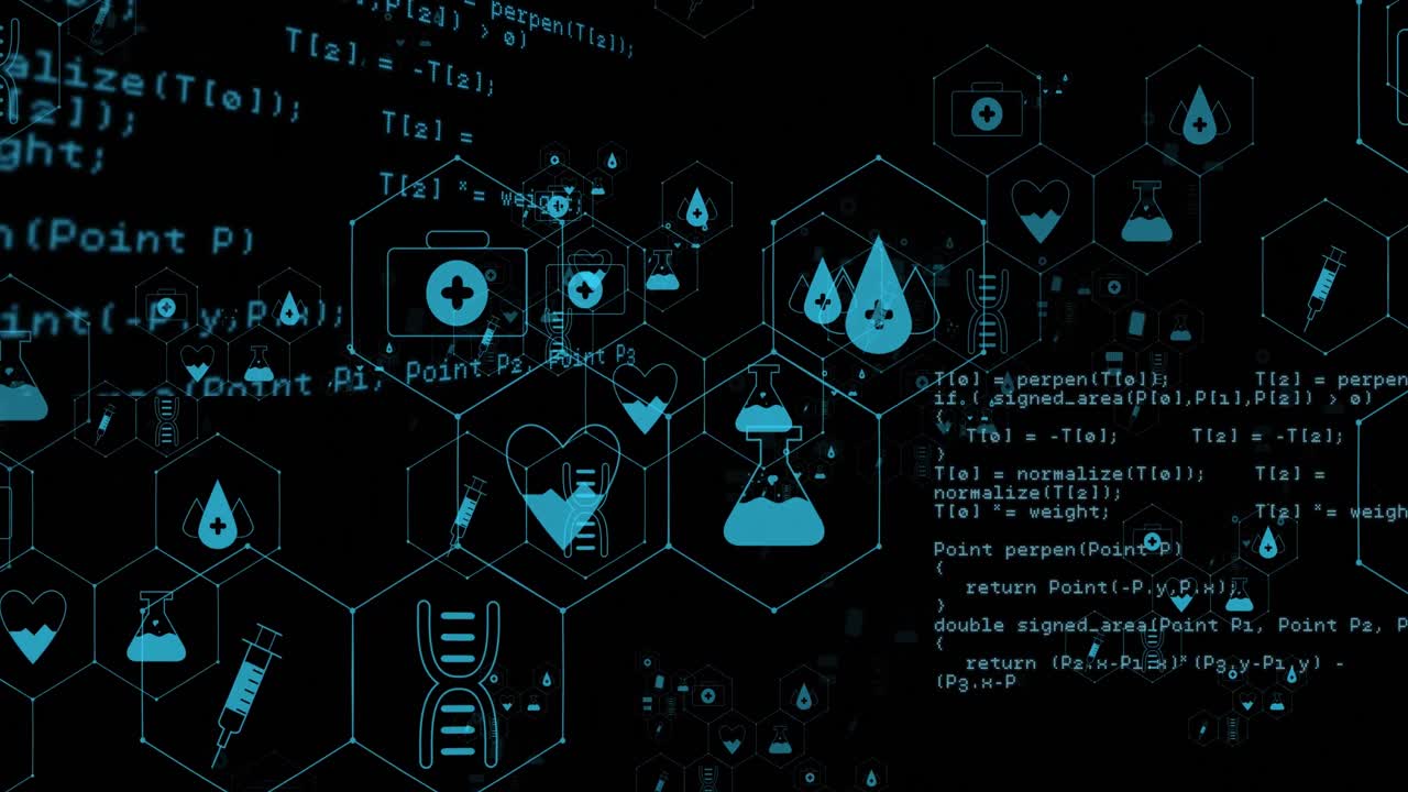 Animation of medical icons and data processing on black background