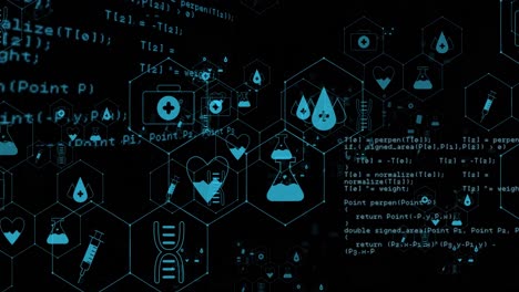 animación de iconos médicos y procesamiento de datos sobre fondo negro