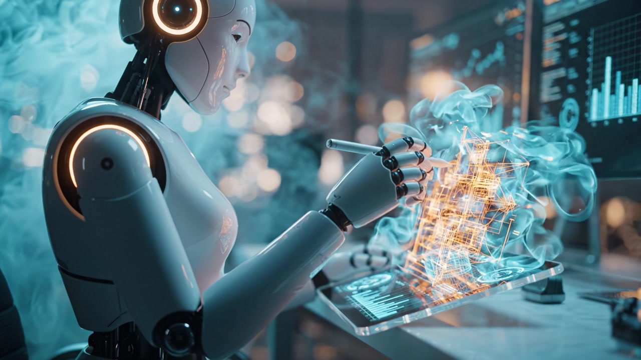 A futuristic humanoid robot engages in advanced data visualization, utilizing a digital tablet to create complex holographic graphics in a high-tech environment.