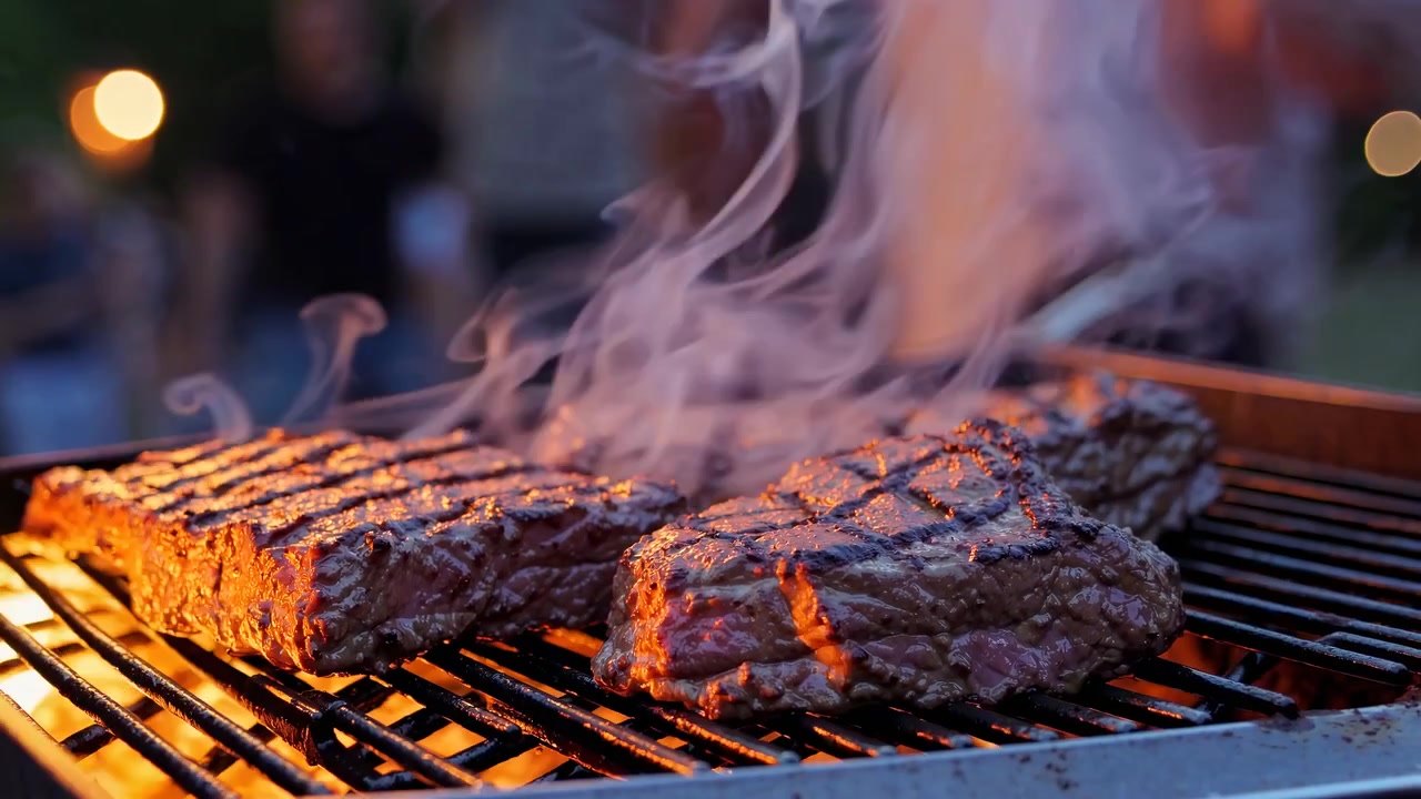 Deliziose bistecche che sfrigolano su una griglia rovente per barbecue