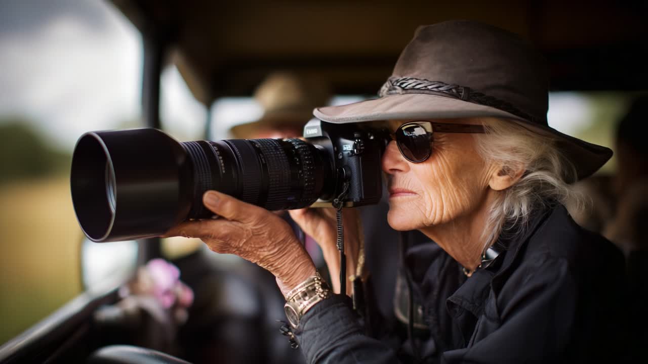An elderly woman photographing wildlife from a safari vehicle, showcasing her passion for nature and photography, skillfully capturing the beauty of the wild landscape