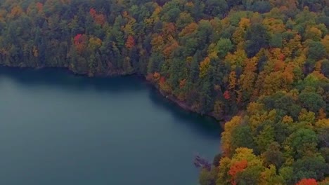 Magnífica-Toma-Aérea-Del-Lago-Rosa-Rodeado-Por-El-Colorido-Bosque-Del-Parque-Gatineau