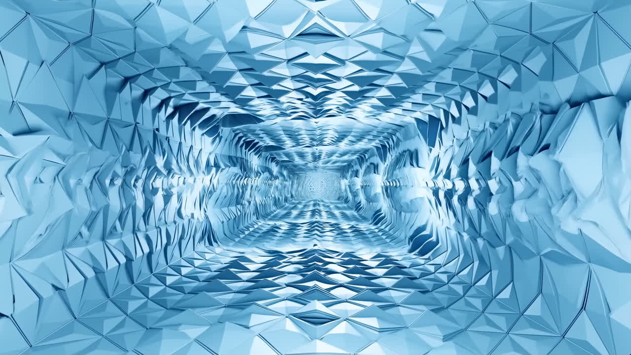 Blue Faceted Tunnel Corridor With Reflections, Endless Mirrored Surfaces And Angular Geometry, Soft Ambient