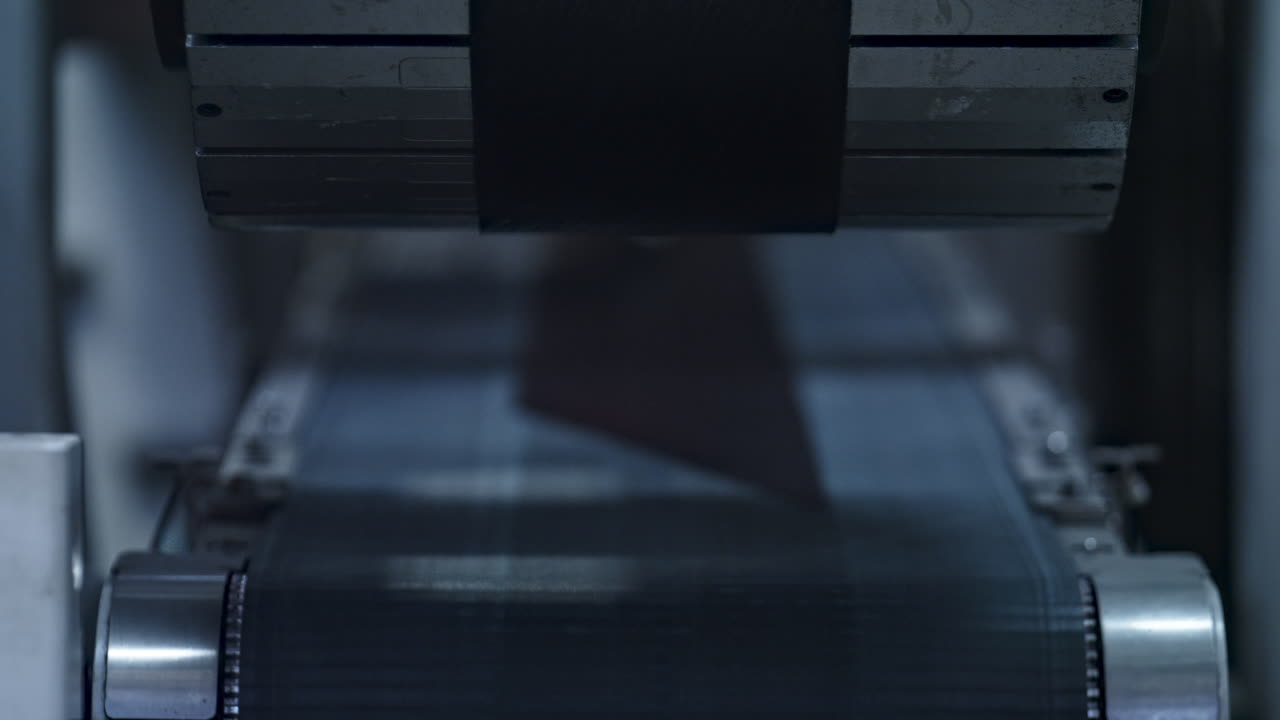 Closeup tire conveyor belt at modern industrial manufacture working process