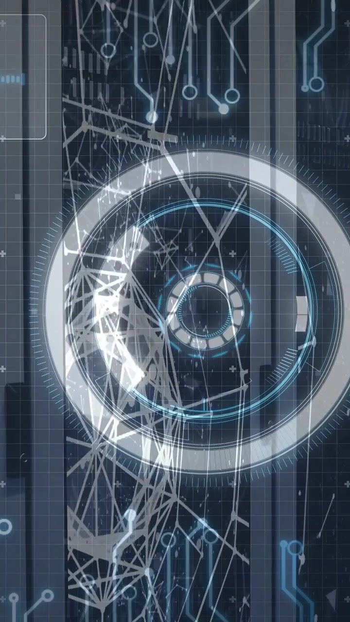 Video verticale: Arco che avvia il boot, HUD centrale che ruota, wireframe sinistro che sviluppa una fitta rete per i dati