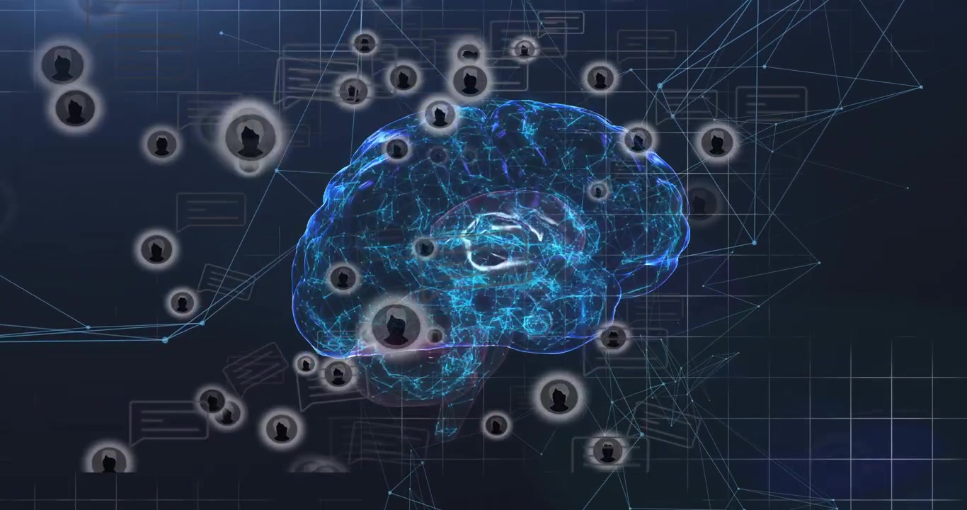 Nodes entering edges sparking holo brain rotating and pulsing, forming links showing data flow