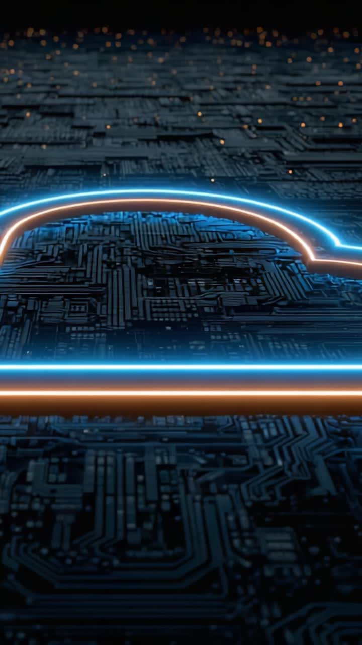 Una rappresentazione visiva futuristica del cloud computing con un design di circuiti stampati, che evidenzia il progresso tecnologico nell'archiviazione e nella connettività dei dati digitali
