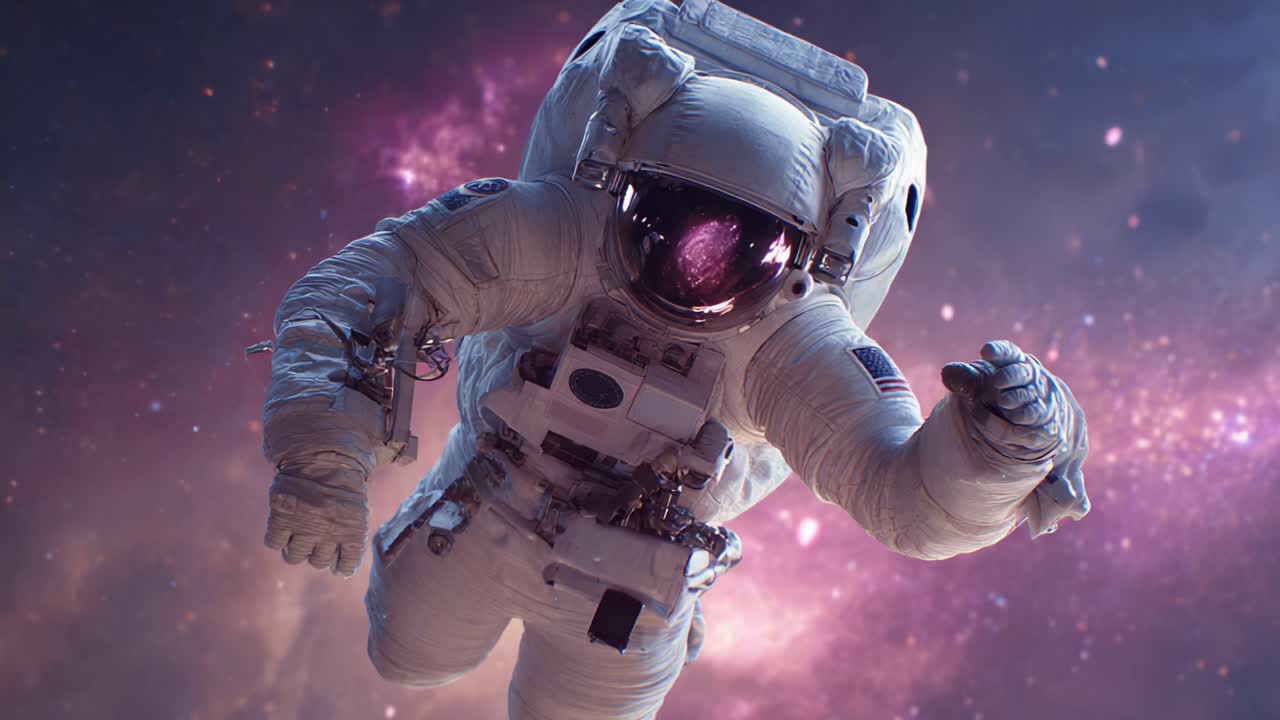 En astronaut, der ubesværet svæver gennem det kosmiske rum, viser skønheden i det ydre rum sammen med det avancerede design af deres rumdragt mod en levende tågebaggrund