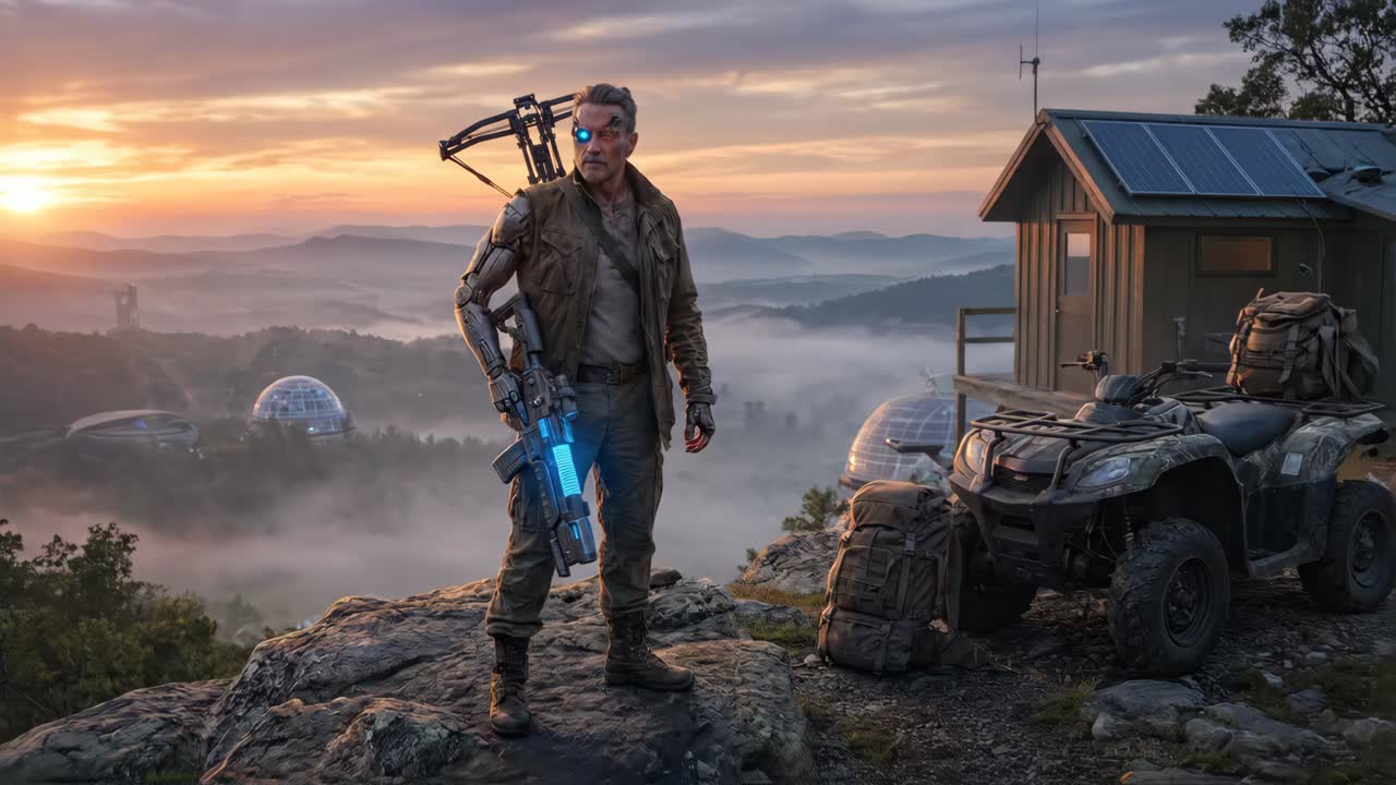 Cyborg-mann med lysende øye og rifle i tåkete fjellandskap