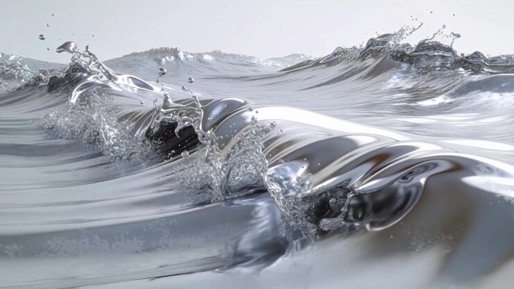 Starting at ridged horizon, metallic liquid crest moving across studio, spraying droplets