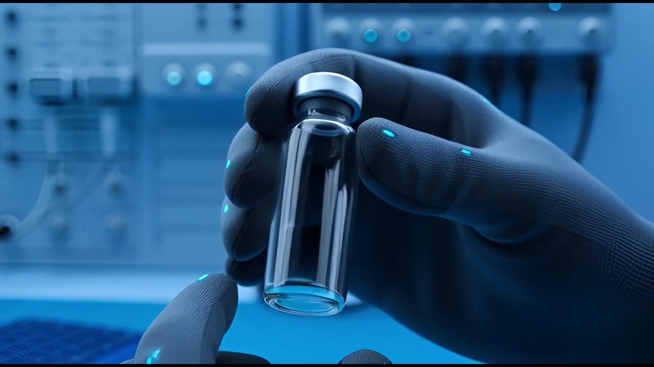 Mani guantate che esaminano una fiala vuota in un laboratorio futuristico