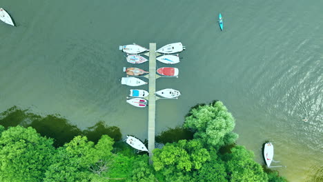 aerial top-down shot of a wooden dock with numerous boats aligned on both sides, surrounded by tranquil lake waters and lush greenery nearby