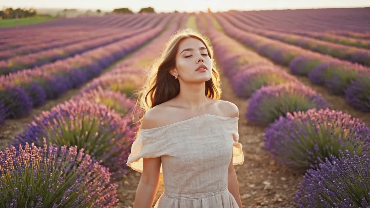 Young woman in a linen dress is standing in a lavender field, closing her eyes and taking a deep breath, enjoying the fragrant aroma of the flowers at sunset