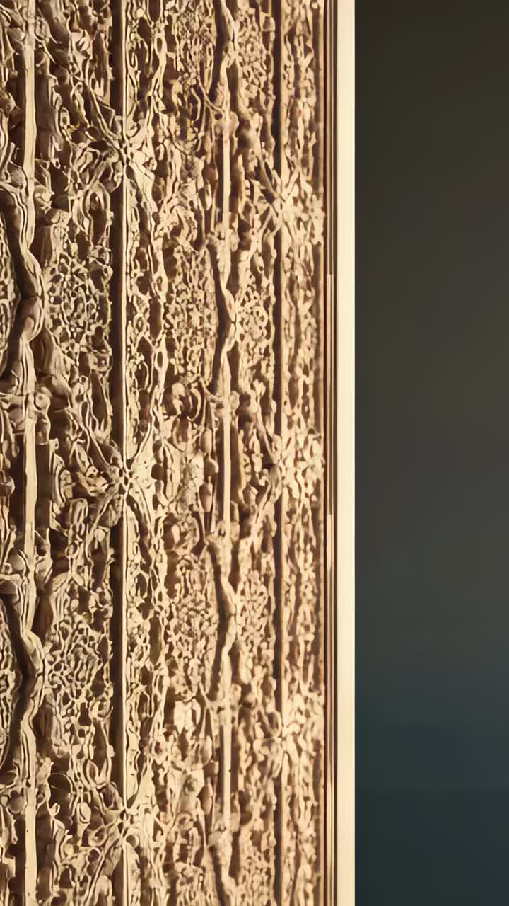 Video verticale: La telecamera esegue una panoramica rivelando un pannello di legno intagliato su una parete di galleria, mostrando la modanatura.