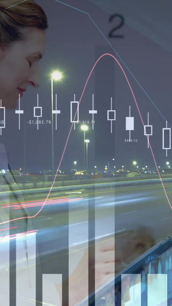 Animating financial data charts over medical professionals working in cityscape background