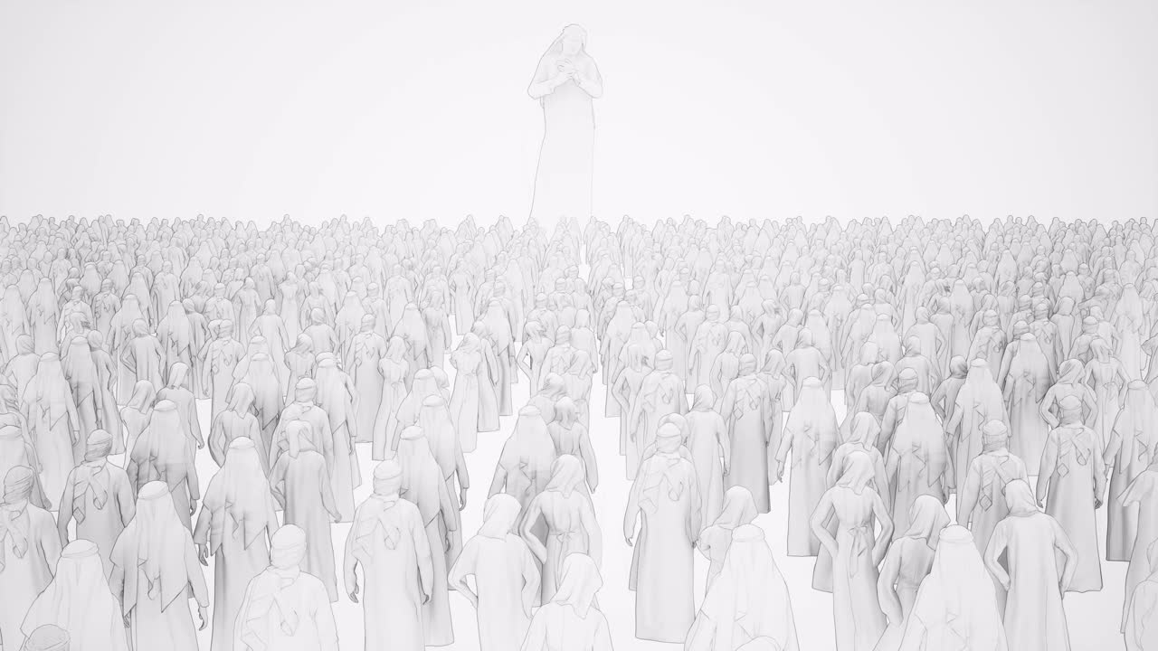 중동의 군중 앞에서 이야기하는 중동의 옷을 입은 남자의 윤 ⁇ , 3d 애니메이션, 애니메이션 장면, 정적 카메라