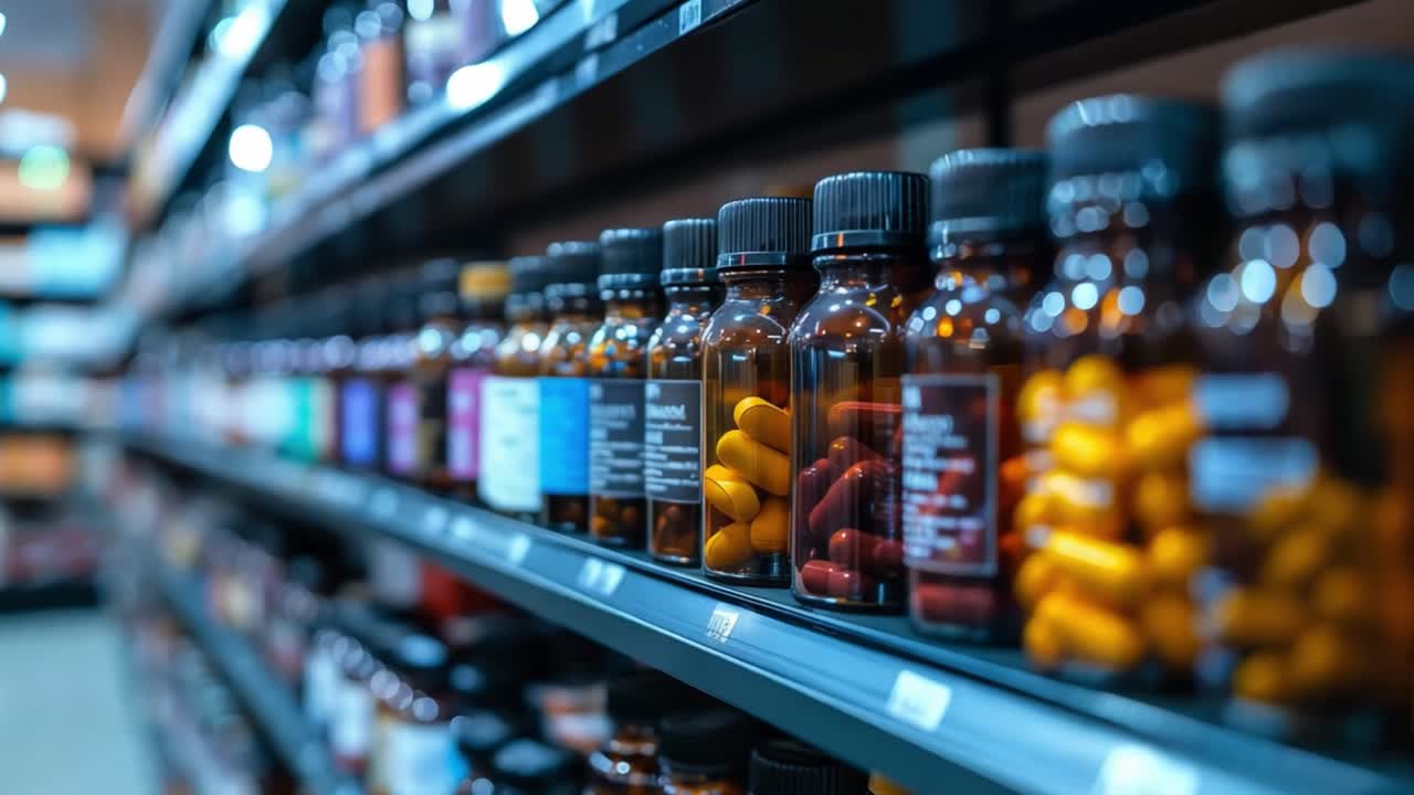 Bottles of Vitamins and Supplements on a Store Shelf