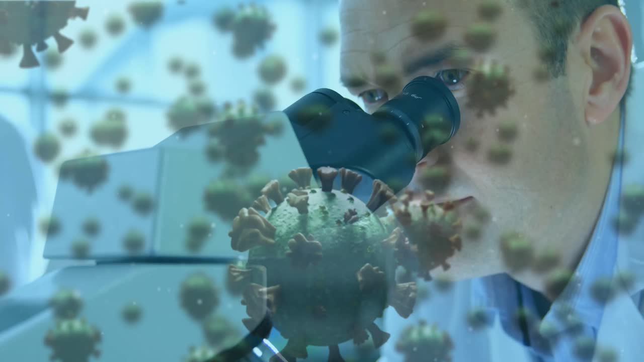 células de covid-19 contra un científico masculino usando un microscopio