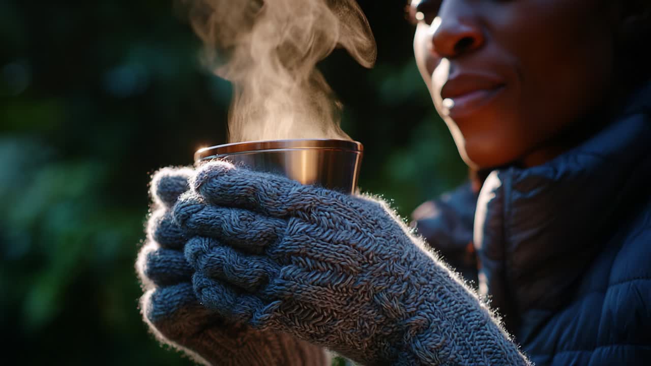 Un momento sereno capturado mientras una persona disfruta de una taza humeante, con unos guantes cómodos, rodeada por la tranquilidad de la naturaleza, evocando calidez y confort en medio de una suave vegetación e iluminación tenue.