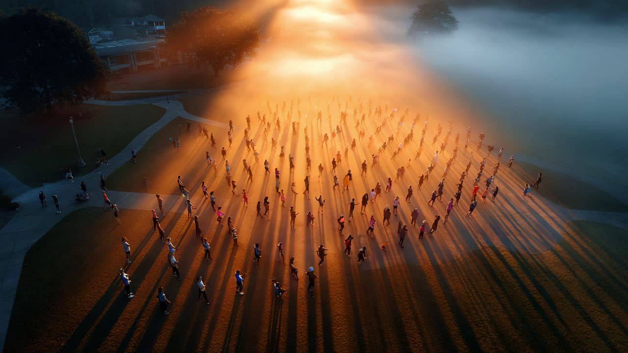 Aerial View of Gathering in Morning Mist: An Inspiring Scene Depicting a Large Group of Individuals United Under the Warm Glow of Sunrise, Casting Long Shadows on the Ground