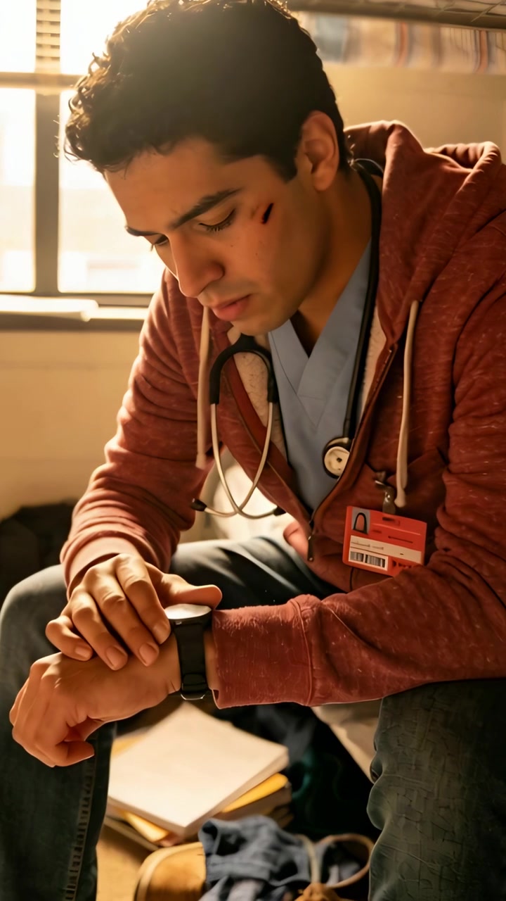Vídeo vertical: Olhando para baixo, médico de uniforme e moletom tocando smartwatch no pulso na sala de funcionários
