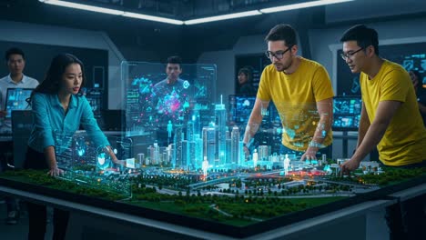 innovative collaboration among team members using advanced technology to visualize a futuristic city model with interactive data displays