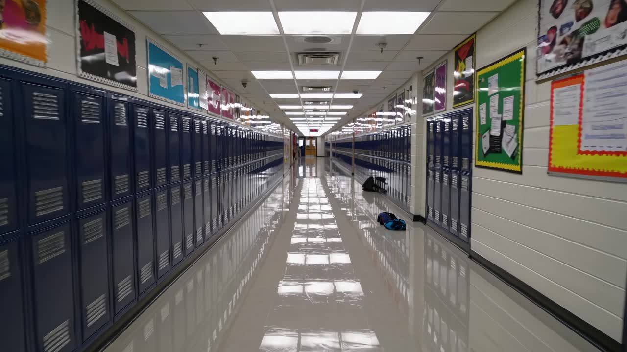 Inquadratura grandangolare di un lungo e vuoto corridoio scolastico con armadietti blu, che riflette una simmetrica, infinita