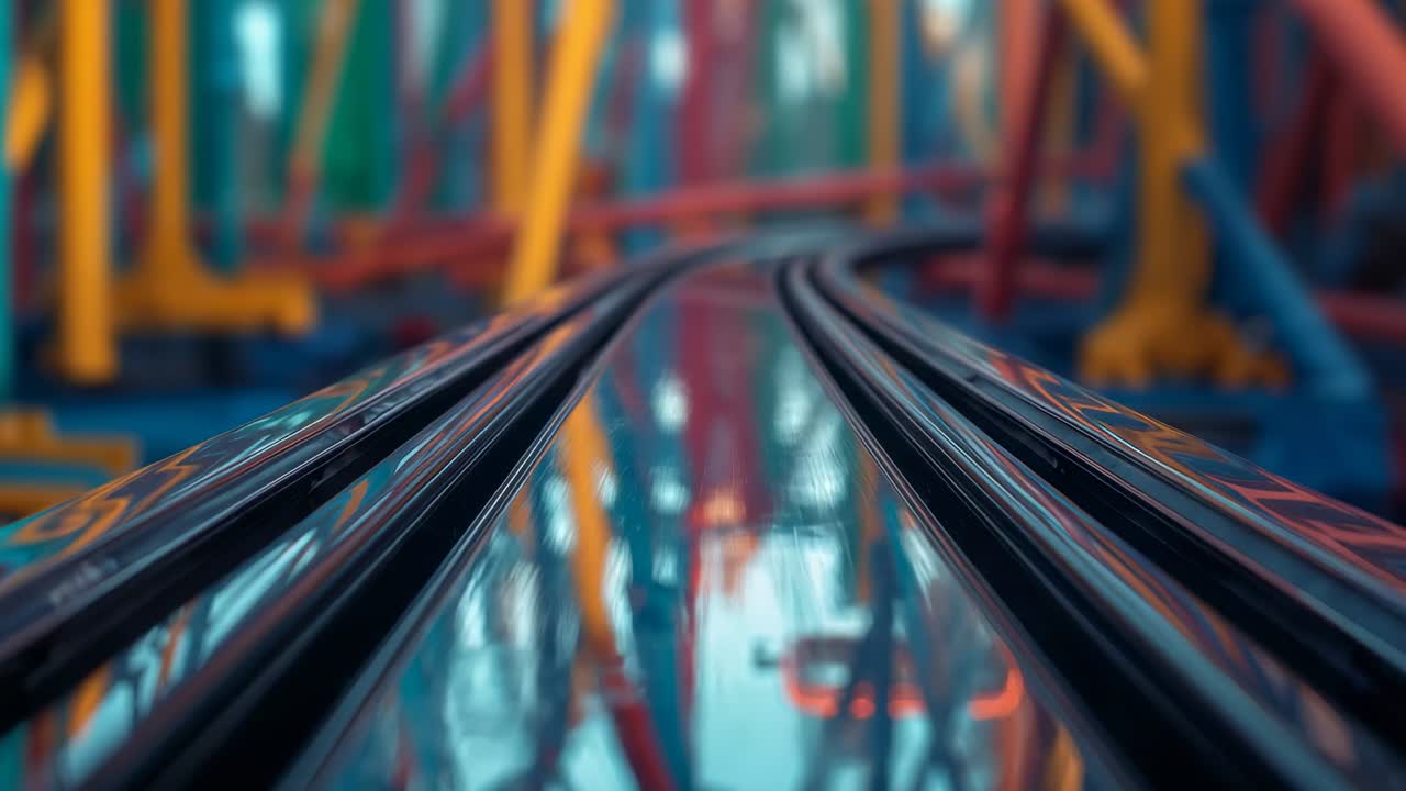 Starting roller coaster moving between rails at amusement park, revealing multicolored supports