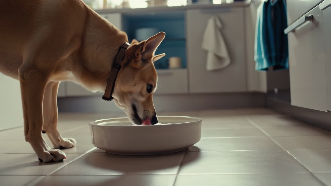 Dog drinking water from a bowl in the kitchen
