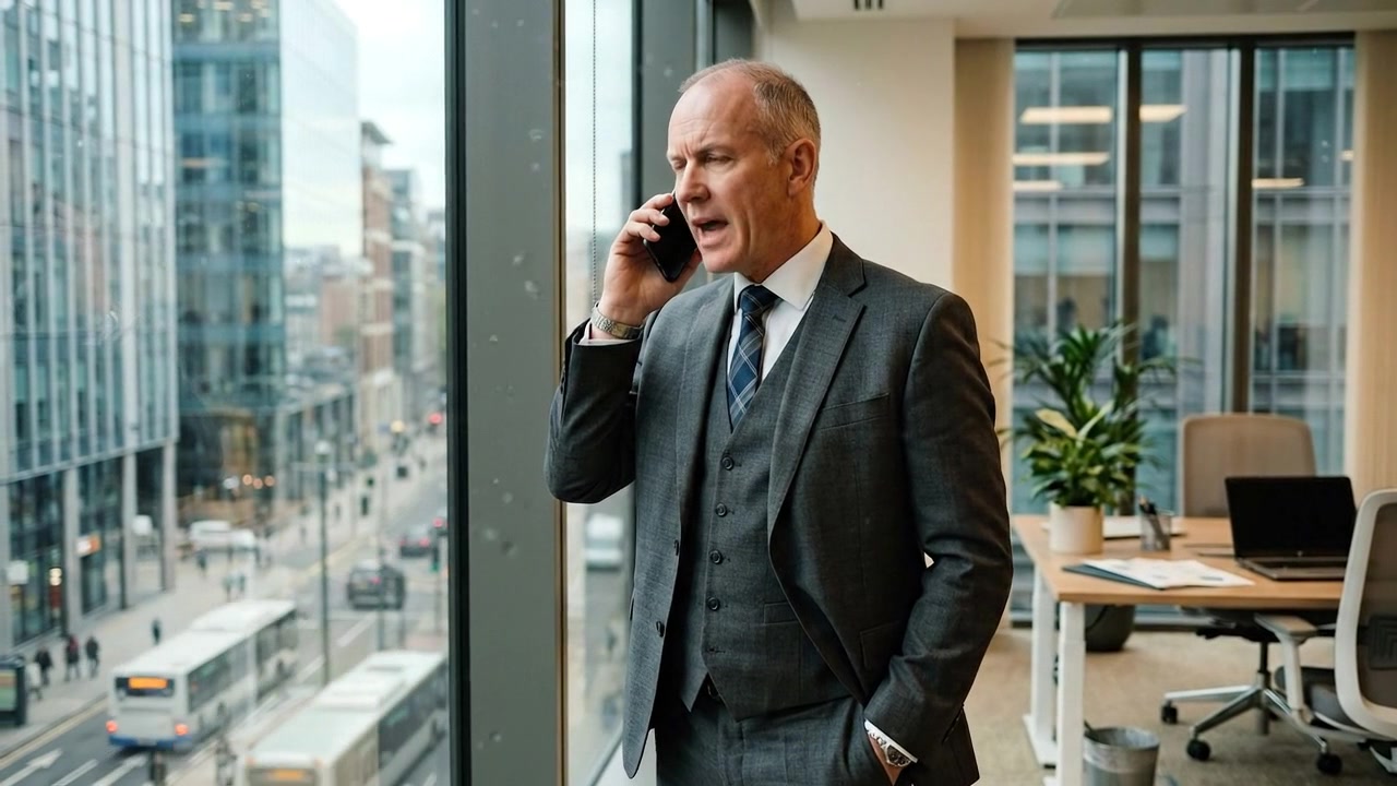 Moden forretningsmand taler i smartphone på moderne kontor
