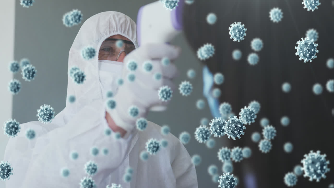 animación de celdas flotantes de covid-19 con un hombre comprobando la temperatura con máscaras faciales