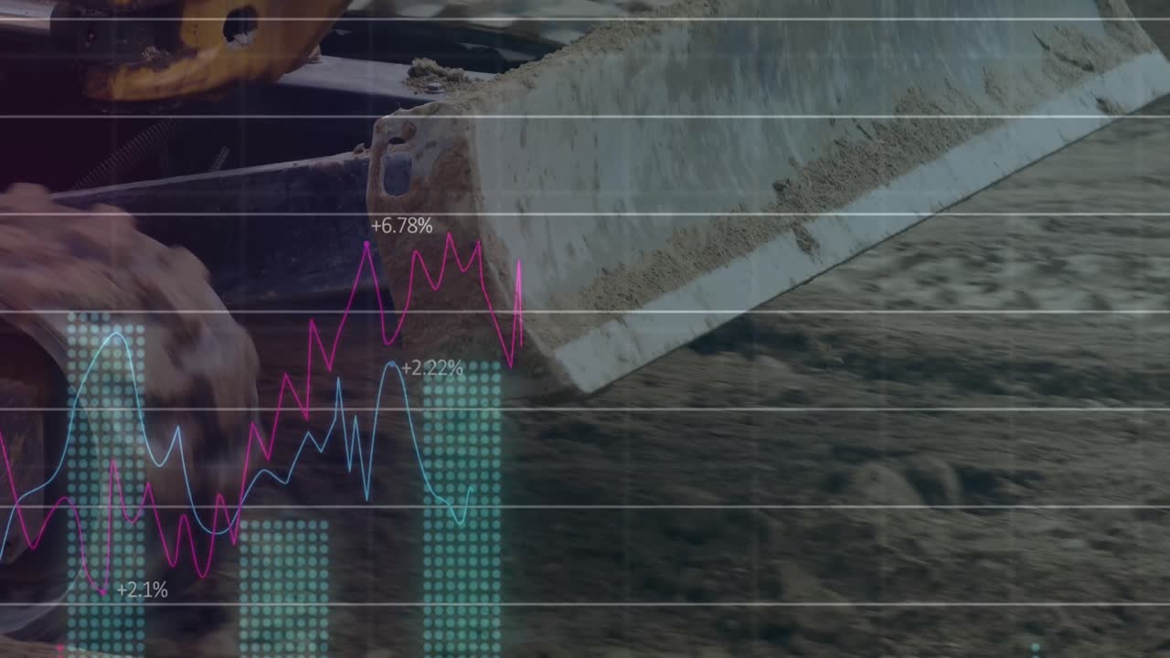 animação do processamento de dados estatísticos através de um bulldozer em funcionamento no local de construção.