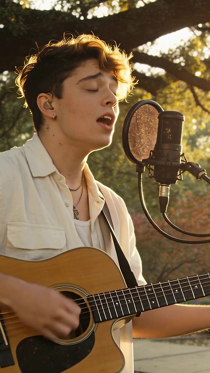 Video verticale: Inizio della registrazione, uomo in camicia che strimpella la chitarra e canta nel microfono sotto un albero